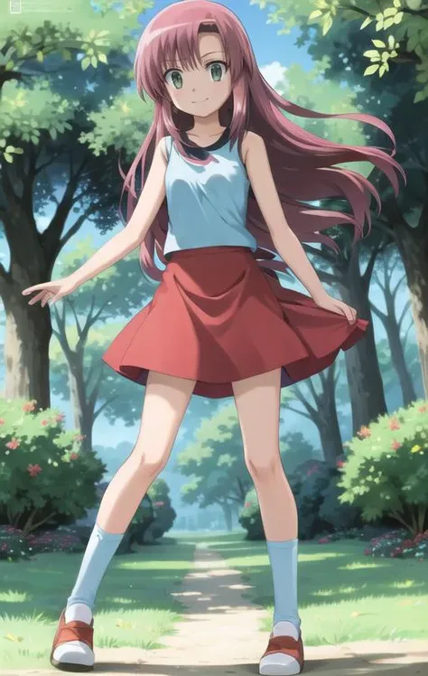 masterpiece, best quality, <lora:Hinagiku:0.8> hinagiku katsura, 1girl, long hair, pink hair, light pink hair, hair ornament, hairpin, solo, green eyes, <lora:LeafV2:0.5>, blue shirt, sleeveless shirt, red skirt, (white headwear), smile, black trim, forest, full body, blue socks, loose socks, white shoes, looking at viewer, walking, deep forest, grass, trees