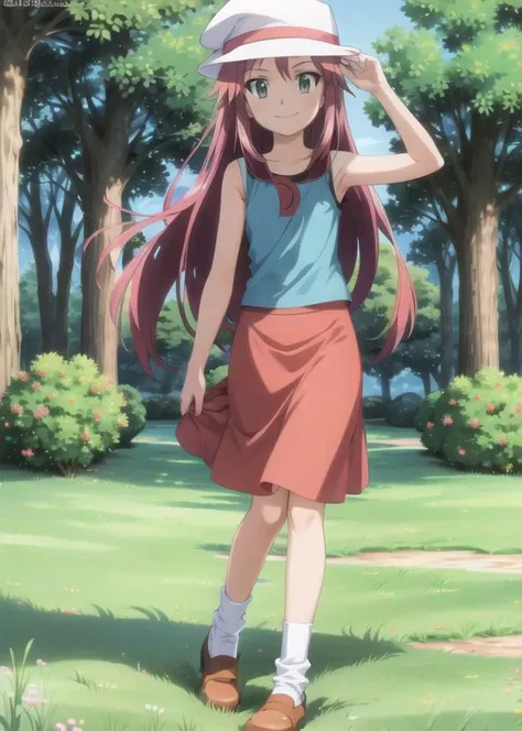 masterpiece, best quality, <lora:Hinagiku:0.8> hinagiku katsura, 1girl, long hair, pink hair, light pink hair, hair ornament, hairpin, solo, green eyes, <lora:LeafV2:0.5>, blue shirt, sleeveless shirt, ((red skirt)), ((white headwear)), smile, black trim, forest, full body, blue socks, loose socks, white shoes, looking at viewer, standing, deep forest, grass, trees