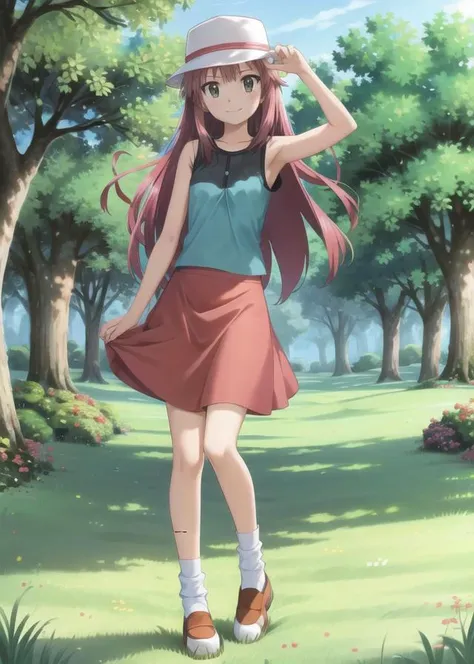 masterpiece, best quality, <lora:Hinagiku:0.8> hinagiku katsura, 1girl, long hair, pink hair, light pink hair, hair ornament, hairpin, solo, green eyes, <lora:LeafV2:0.5>, blue shirt, sleeveless shirt, ((red skirt)), ((white headwear)), smile, black trim, forest, full body, blue socks, loose socks, white shoes, looking at viewer, standing, deep forest, grass, trees