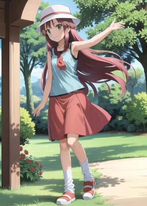 masterpiece, best quality, <lora:Hinagiku:0.8> hinagiku katsura, 1girl, long hair, pink hair, light pink hair, hair ornament, hairpin, solo, green eyes, <lora:LeafV2:0.5>, blue shirt, sleeveless shirt, ((red skirt)), ((white headwear)), smile, black trim, forest, full body, blue socks, loose socks, white shoes, looking at viewer, standing, deep forest, grass, trees