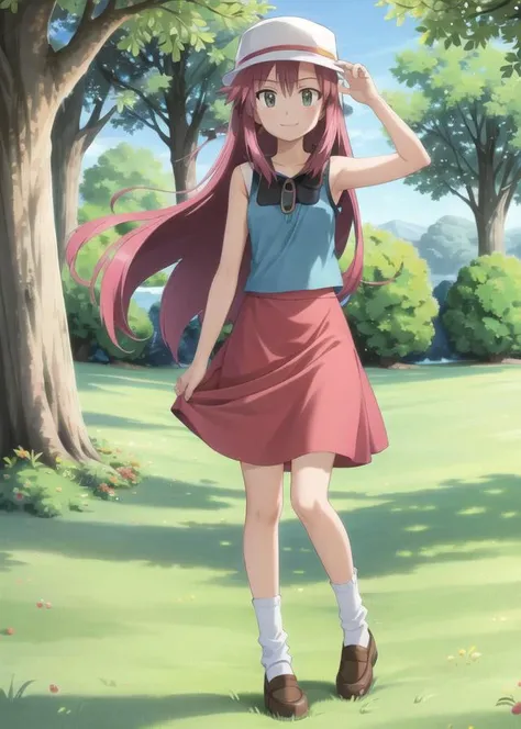 masterpiece, best quality, <lora:Hinagiku:0.8> hinagiku katsura, 1girl, long hair, pink hair, light pink hair, hair ornament, hairpin, solo, green eyes, <lora:LeafV2:0.5>, blue shirt, sleeveless shirt, ((red skirt)), ((white headwear)), smile, black trim, forest, full body, blue socks, loose socks, white shoes, looking at viewer, standing, deep forest, grass, trees