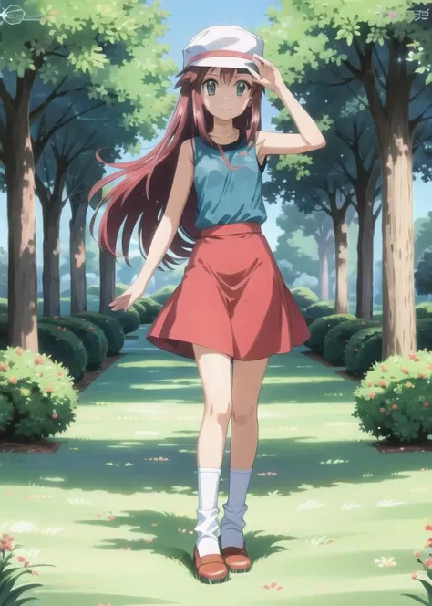 masterpiece, best quality, <lora:Hinagiku:0.8> hinagiku katsura, 1girl, long hair, pink hair, light pink hair, hair ornament, hairpin, solo, green eyes, <lora:LeafV2:0.5>, blue shirt, sleeveless shirt, red skirt, ((white headwear)), smile, black trim, forest, full body, blue socks, loose socks, white shoes, looking at viewer, standing, deep forest, grass, trees
