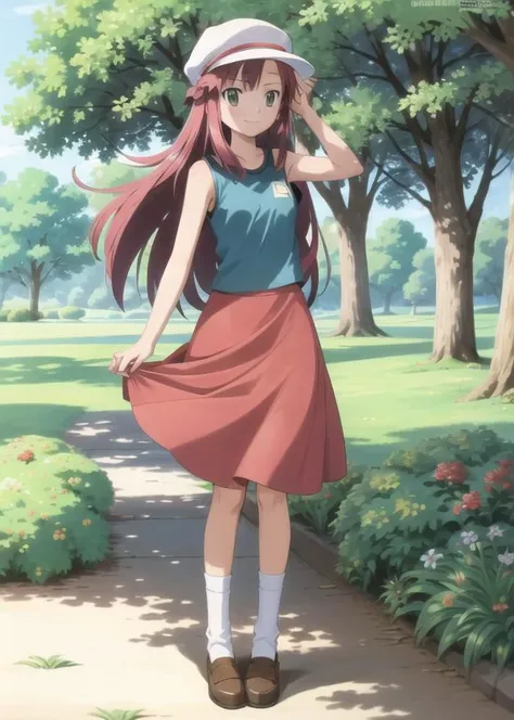 masterpiece, best quality, <lora:Hinagiku:0.8> hinagiku katsura, 1girl, long hair, pink hair, light pink hair, hair ornament, hairpin, solo, green eyes, <lora:LeafV2:0.5>, blue shirt, sleeveless shirt, ((red skirt)), ((white headwear)), smile, black trim, forest, full body, blue socks, loose socks, white shoes, looking at viewer, standing, deep forest, grass, trees