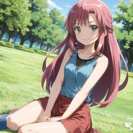 masterpiece, best quality, <lora:Hinagiku:0.8> hinagiku katsura, 1girl, long hair, pink hair, light pink hair, hair ornament, hairpin, solo, green eyes,  <lora:LeafV2:0.5>, blue shirt, sleeveless shirt, red skirt, white headwear, smile, black trim, forest, full body, blue socks, loose socks, white shoes, looking at viewer, standing