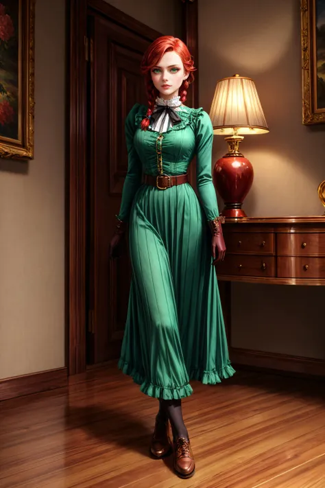 (masterpiece, best quality), woman, green eyes, red hair, strands in front, put your collected hair in a braid, light makeup, medium breasts, a long green dress in the style of the Victorian era, brown shoes, brown gloves, brown belt at the waist,
<lora:add_detail:0.8>,