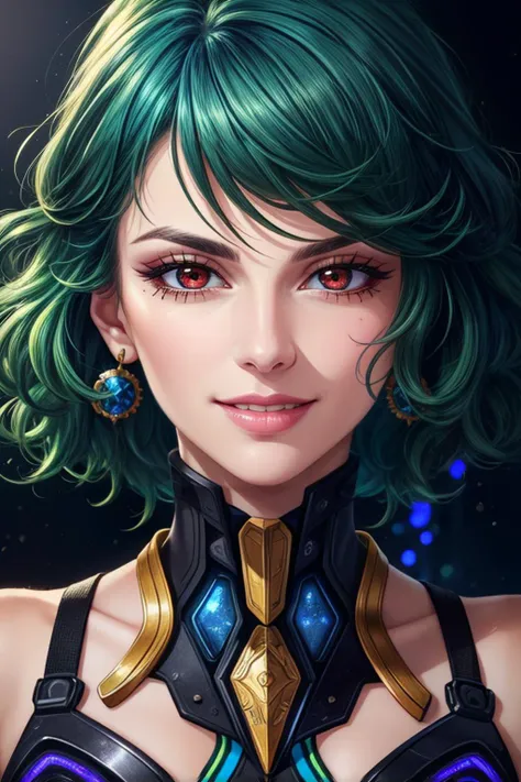 beautiful detailed portrait, a beautiful mature feisty woman, short messy green hair, high-tech, beautiful expressive red eyes, delicate round face, sharp chin, delicate nose, lush lips, confident grin, beautiful top, sci-fi, best quality, extemely detailed, vibrant, colorful lighting, high contrast, sharp details