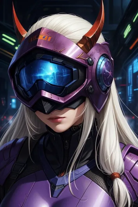 beautiful detailed portrait, beautiful woman, long lush white hair, sci-fi warrior, high-tech purple outfit, (sci-fi helmet, eyes covered up:1.2), sharp angles, metal horns, menacing, best quality, extemely detailed