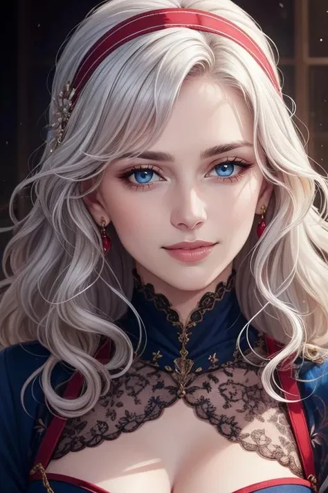 beautiful detailed portrait, a beautiful mature kind woman, long wavy lush white hair, red hairband, beautiful expressive blue eyes, delicate oval face, sharp chin, delicate nose, lush lips, kind gentle smile, beautiful wide lush dress, flowing seethrough sleeves, best quality, extemely detailed <lora:detail_slider_v4:1.3>