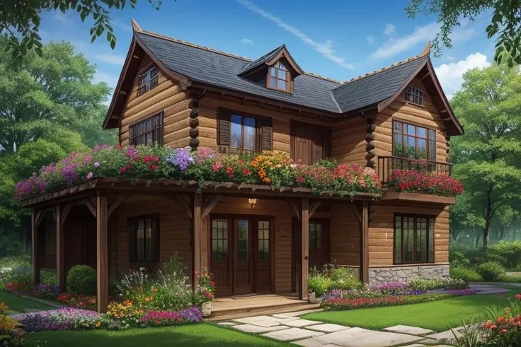 beautiful two story house made of wood with wide big windows, a black wooden door, beautiful flower garden, best quality, extemely detailed <lora:detail_slider_v4:1.3>