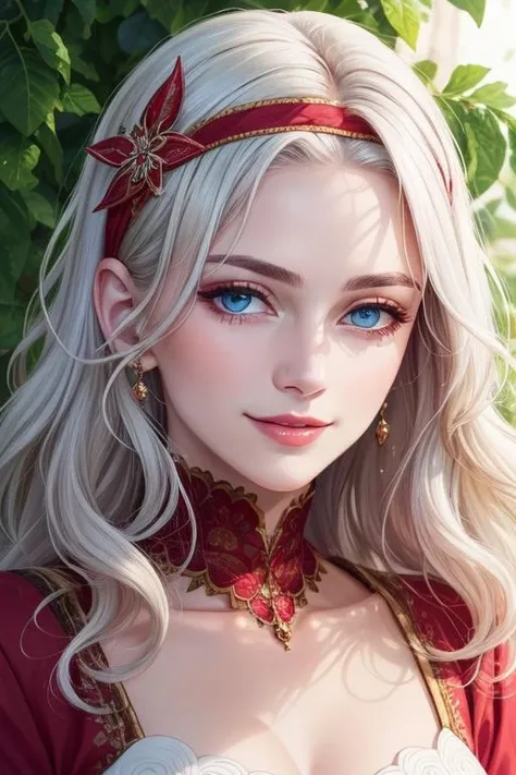 beautiful detailed portrait, a beautiful mature kind woman, long wavy lush white hair, red hairband, beautiful expressive blue eyes, delicate oval face, sharp chin, delicate nose, lush lips, kind gentle smile, beautiful wide lush dress, flowing seethrough sleeves, best quality, extemely detailed