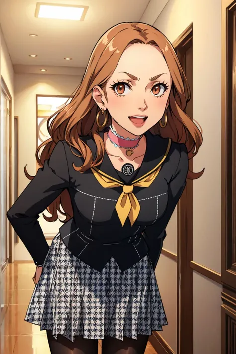 masterpiece, best quality, solo   <lora:zs_Ai:1> aip4, school uniform, skirt, jewelry, houndstooth, earrings, choker, pantyhose, leaning forward, furrowed brow, smirk, looking at viewer, open mouth, smile, hallway