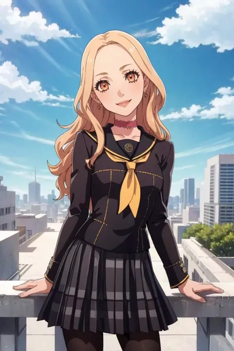 masterpiece, best quality, solo, 1girl, smile, <lora:zs_Ai:1>, aip4, school uniform, skirt, jewelry, earrings, choker, pantyhose, <lora:FE-ENGAGE S Rank_Fp:1>, sky, cloud, rooftop, head tilt,