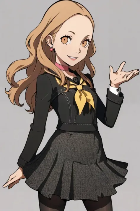 masterpiece, best quality, solo, 1girl, smile, <lora:zs_Ai:1>, aip4, school uniform, skirt, jewelry, earrings, choker, pantyhose, <lora:PersonaQstyletest:1> Q1style, simple background,