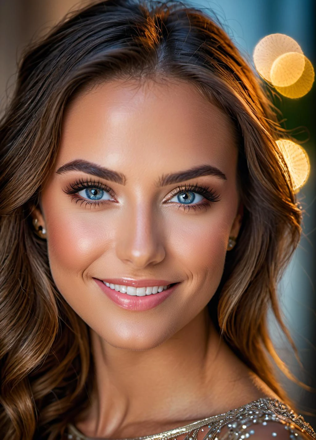 professional head shot, perfect eyes, highly detailed beautiful expressive eyes, detailed eyes, glamorous hair, perfection gorgeous smile, light makeup, good atmosphere. large depth of field, deep depth of field, , (8k, RAW photo, best quality, depth of field, ultra high res:1.2), intricate, photorealistic, masterpiece, ultra-detailed), crisp, vivid lighting