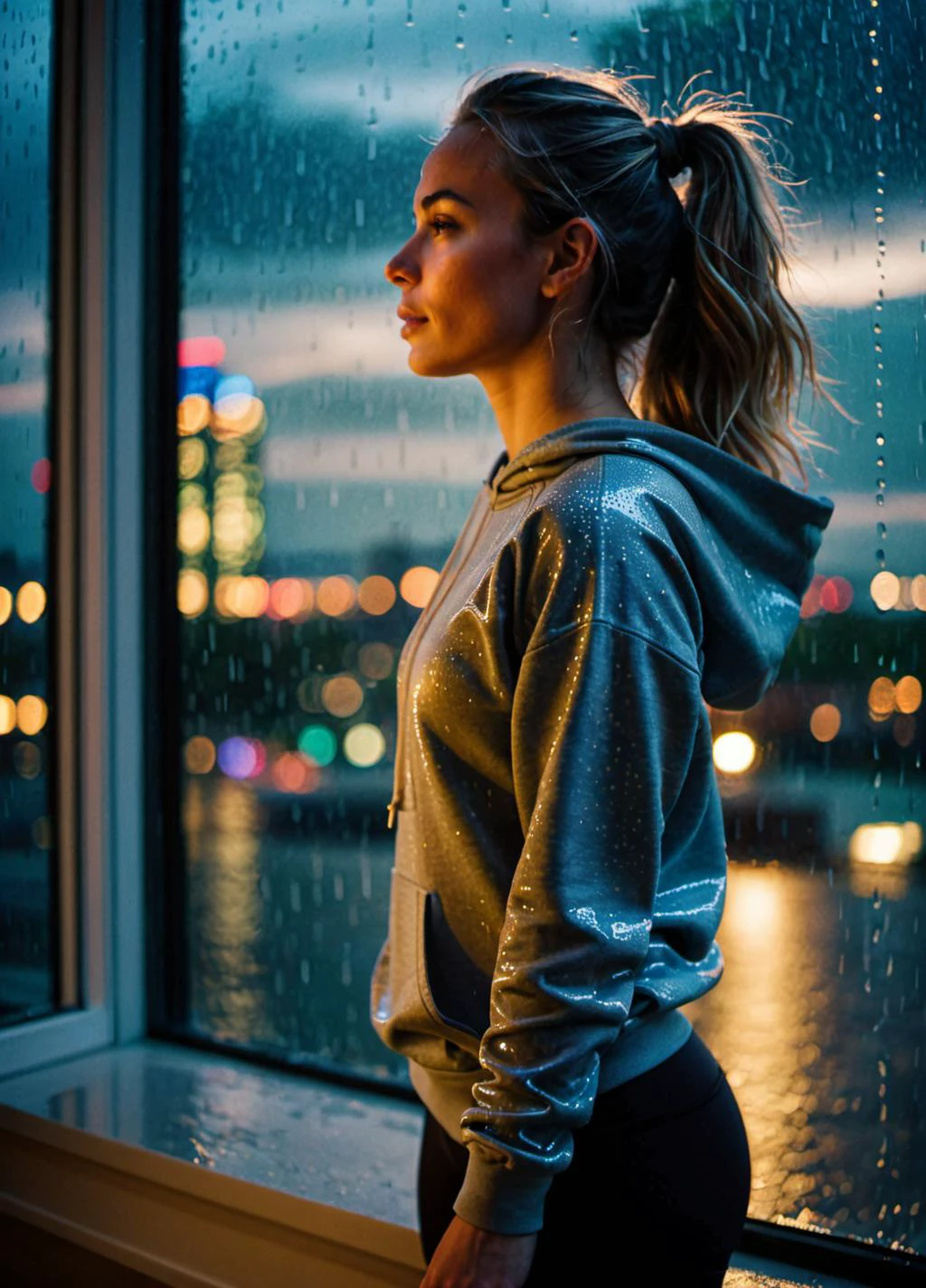 (((masterpiece))),(((best quality))),highly detailed, (1girl), standing in front of a window, wearing yoga pants and sweatshirt, raining outside, detailed water, city lights reflecting off the window, dusk, dynamic lighting, shadows, kodak film, high budget, bokeh, moody, epic, gorgeous, film