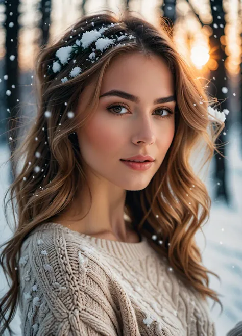 beautiful girl wearing a thin sweater, glamourous hair, depth of field, bokeh, morning in the snow, (masterpiece) (best quality) (detailed) (8k) (wallpaper) (cinematic lighting) (sharp focus) (intricate), dynamic lighting, vivid