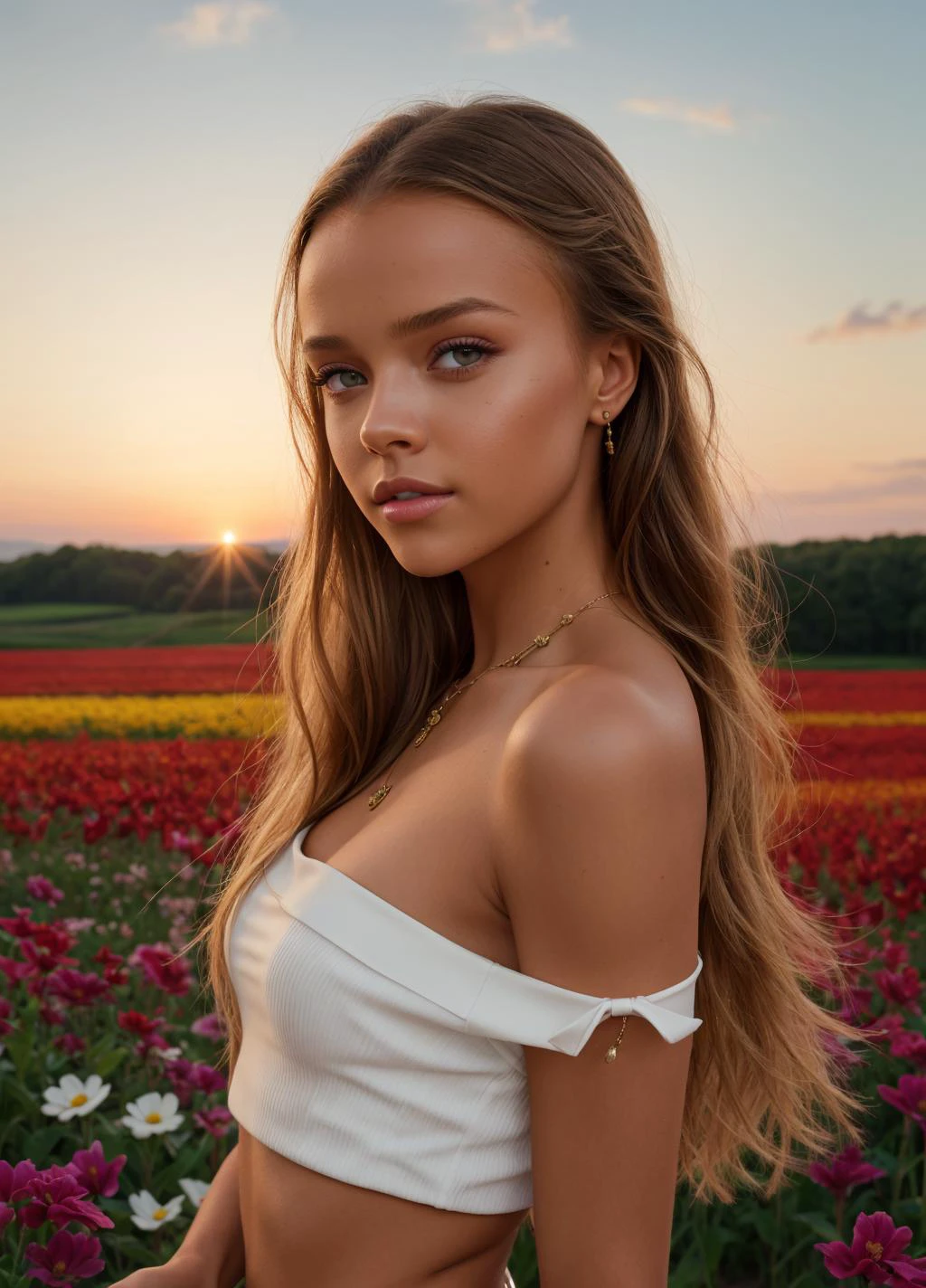 Anna Zak, (32K resolution, masterpiece, ultra high quality, best quality, ultra high definition, perfect anatomy, Incredibly detailed, RAW, ultra super realistic, photorealistic, cinematic lighting, exquisitely detailed, extremely intricate, 8k UHD, high resolution), (1girl), cropped off-shoulder tank top, skirt, elegant hair, standing in the middle of a flower field, seductive smile, dynamic vivid colors