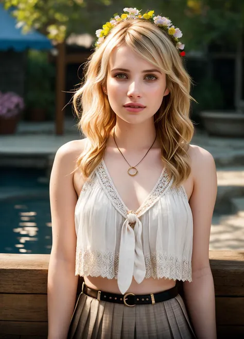 Emma Roberts, wearing loosely tied halter top, short skirt, beautiful expressive eyes, detailed eyes, at the water park, Bright sunny day. 35mm photograph, film, bokeh, professional, 4k, highly detailed dynamic lighting, photorealistic, 8k, raw, rich, intricate details, key visual, vivid colors