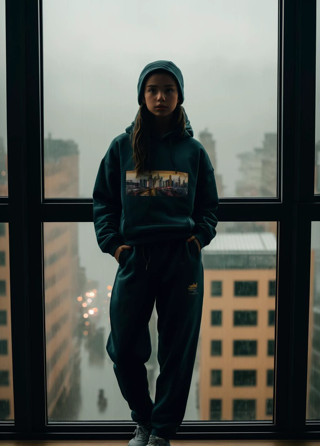 1girl, (((masterpiece))),(((best quality))),highly detailed, (1girl), standing in front of a window, wearing track pants and sweatshirt, raining outside, detailed water, city lights reflecting off the window, dusk, dynamic lighting, shadows, kodak film, high budget, bokeh, moody, epic, gorgeous, film