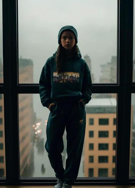 1girl, (((masterpiece))),(((best quality))),highly detailed, (1girl), standing in front of a window, wearing track pants and sweatshirt, raining outside, detailed water, city lights reflecting off the window, dusk, dynamic lighting, shadows, kodak film, high budget, bokeh, moody, epic, gorgeous, film