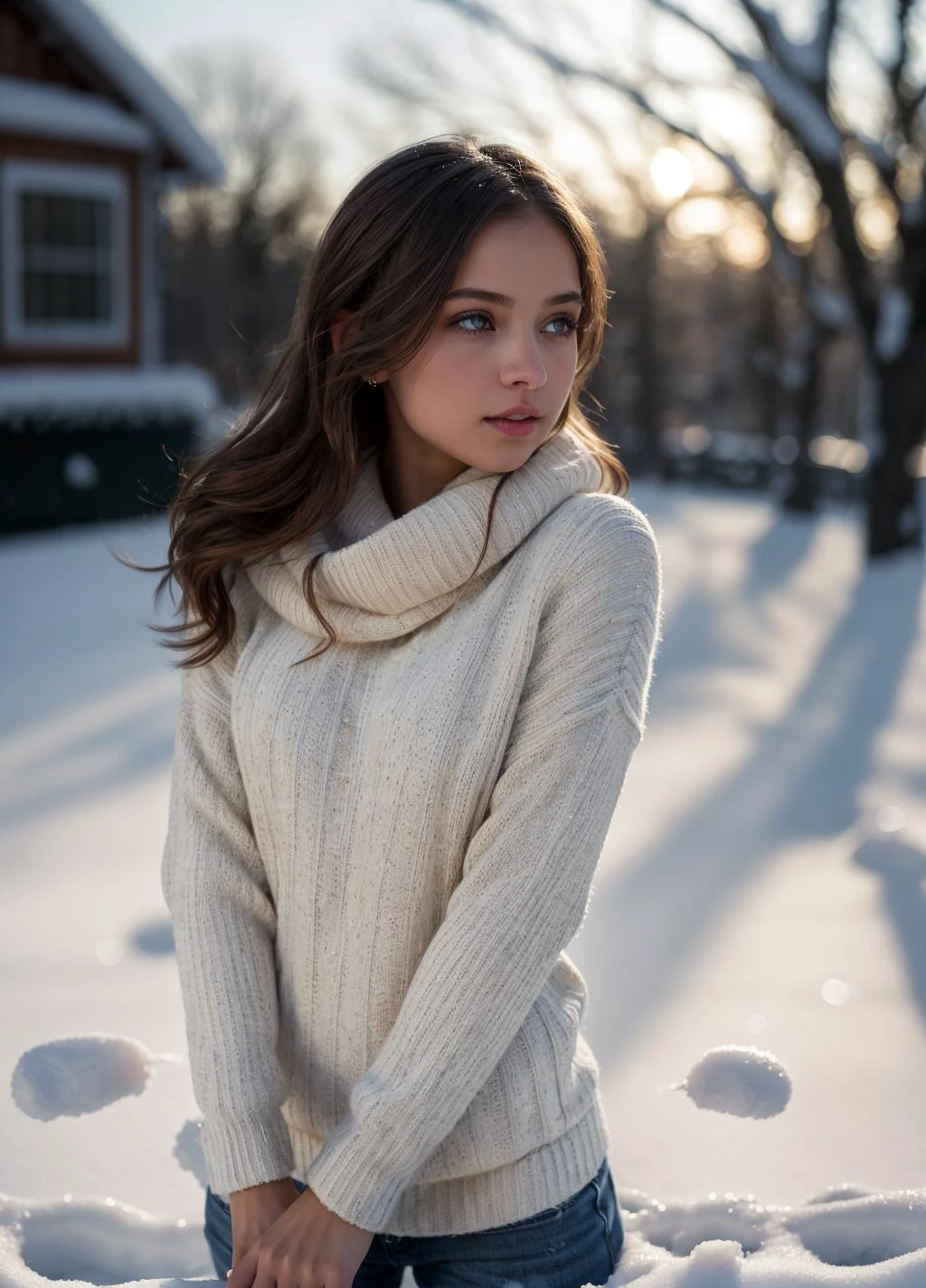 1girl, beautiful girl wearing a thin athletic sweater, glamourous hair, depth of field, bokeh, morning in the snow, (masterpiece) (best quality) (detailed) (8k) (wallpaper) (cinematic lighting) (sharp focus) (intricate), dynamic lighting, vivid