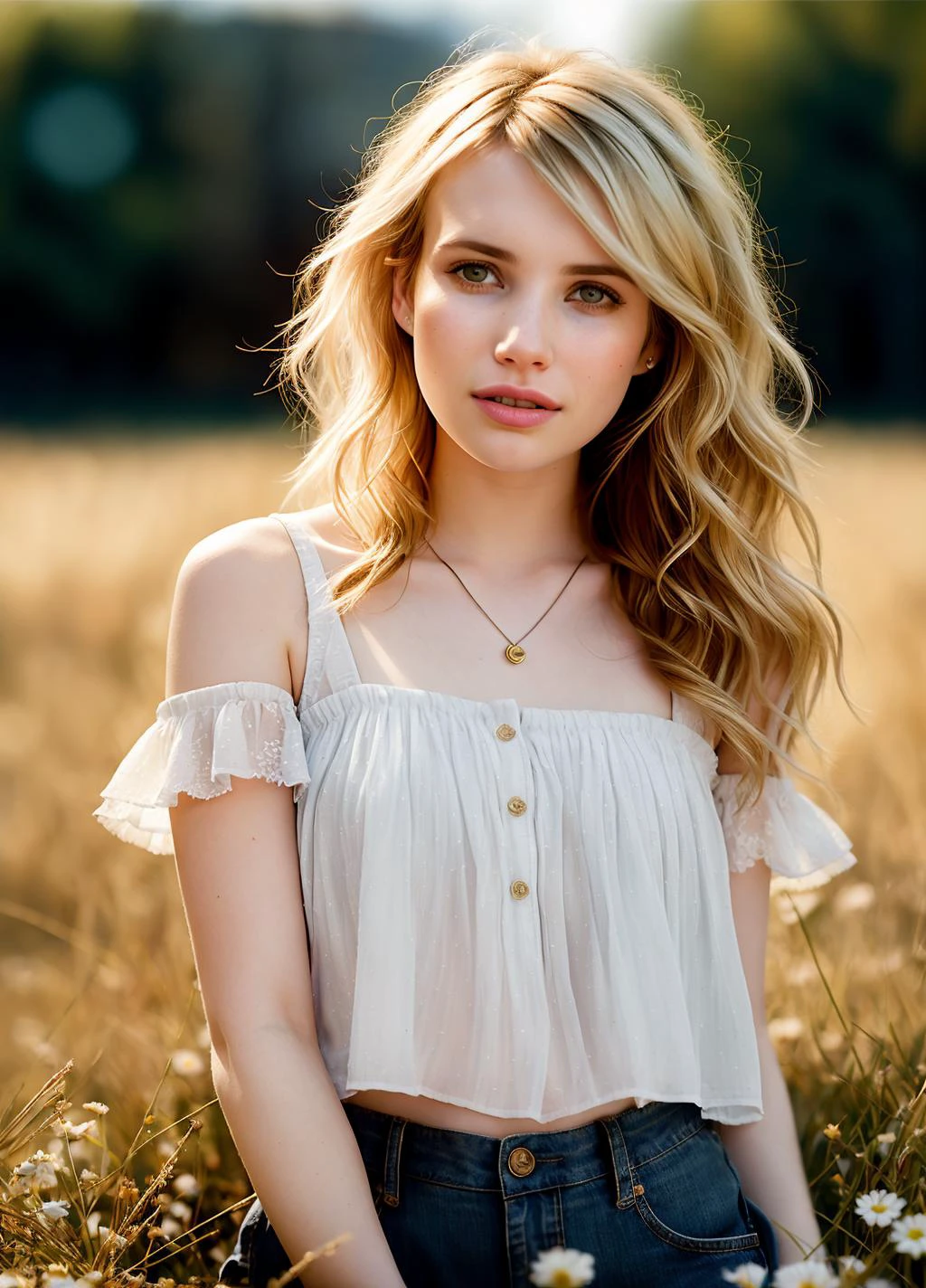 Emma Roberts, 16mm, remarkable color, ultra realistic, analog photo, Beautiful super model, highly detailed face, seducing eyes, wearing overalls, cropped off-shoulder tank top, in a field of grass. Bright sunny day. bokeh, professional, 4k, highly detailed dynamic lighting, photorealistic, intricate details, key visual, vivid colors