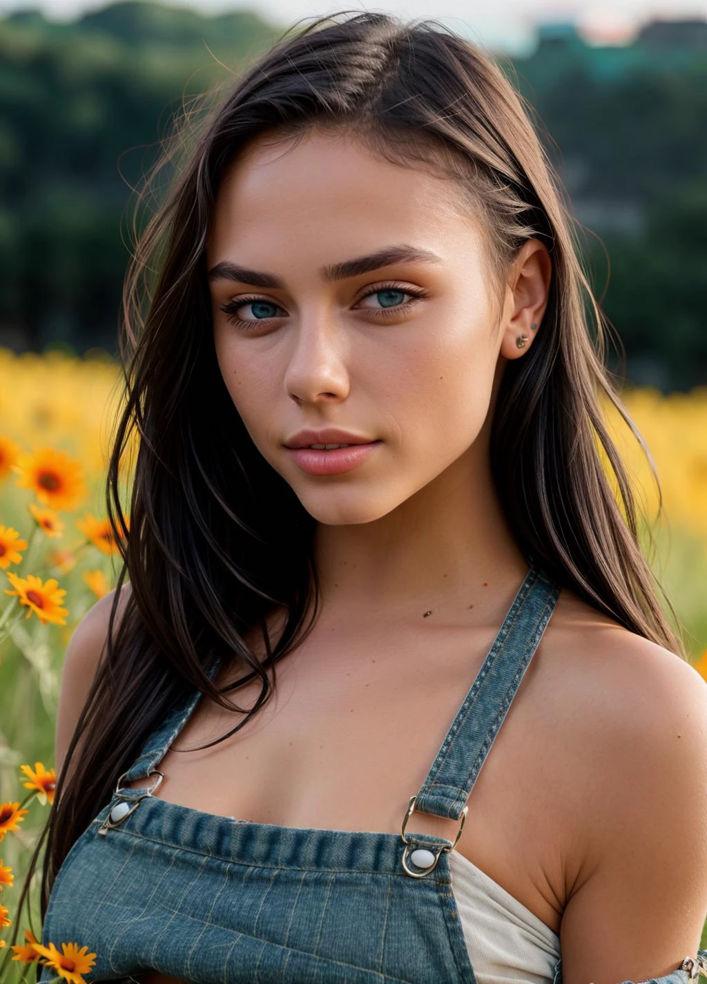 Danni Gurl 4, 16mm, remarkable color, ultra realistic, analog photo, Beautiful super model, highly detailed face, seducing eyes, wearing overalls, cropped off-shoulder tank top, in a field of grass. Bright sunny day. bokeh, professional, 4k, highly detailed dynamic lighting, photorealistic, intricate details, key visual, vivid colors