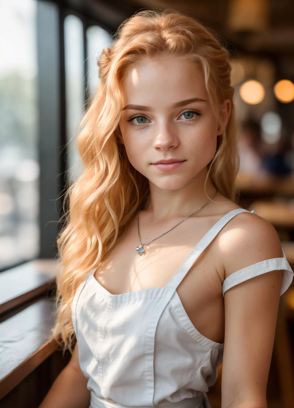 Julia Adamenko 1, waitress serving food in a small diner, loose shirt, apron, beautiful expressive eyes, detailed eyes, hair in a messy bun, happy, dynamic lighting, photorealistic, 8k uhd natural lighting, raw, rich, intricate details, key visual, atmospheric lighting, 35mm photograph, bokeh, professional, 4k, highly detailed