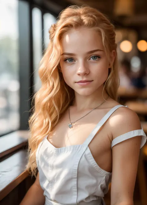 Julia Adamenko 1, waitress serving food in a small diner, loose shirt, apron, beautiful expressive eyes, detailed eyes, hair in a messy bun, happy, dynamic lighting, photorealistic, 8k uhd natural lighting, raw, rich, intricate details, key visual, atmospheric lighting, 35mm photograph, bokeh, professional, 4k, highly detailed