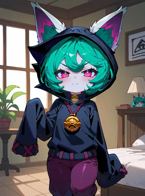 score_9,score_8_up,score_7_up,rating_safe,
1girl,solo,VexLoLXL,yordle,shortstack,pink eyes,green hair,bangs,short hair,grey skin,colored skin,black hood,naughty_face,ears through headwear,white animal ears,black shirt,purple collar,golden ornament,long sleeves,sleeves past wrists,purple pants,indoors,<lora:VexLoLXL:0.9>,wariza,blowing,ok_sign,