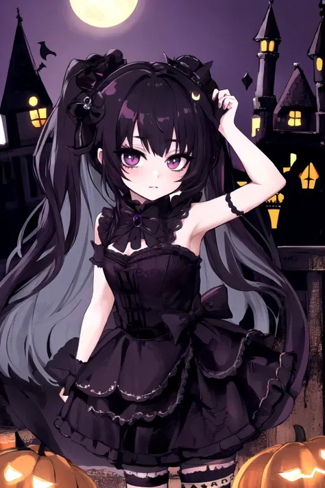 (chibi) goth princess in spooky halloween castle at night, highly detailed high contrast hd masterpiece of best quality in high resolution