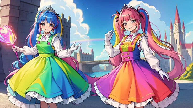 (bright colors:1.3), detailed, (best quality, masterpiece:1.5), outdoor, castle, wind, rainbow, (colorful pinafore dress:1.4), small breasts, (bright colored hair, twintails:1.3), (very long hair:1.3), (smile, blush:1.1), hair ribbons, jewelry, tiara, earrings, bracelet, pendant, gloves, high heels, healthy, young, standing