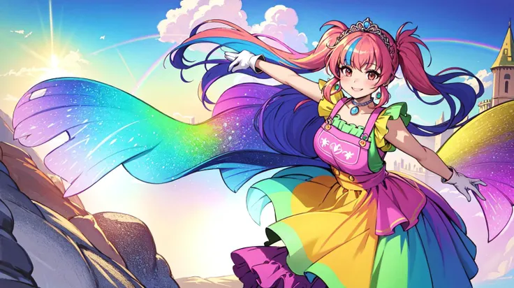 (bright colors:1.3), detailed, (best quality, masterpiece:1.5), outdoor, castle, wind, rainbow, (colorful pinafore dress:1.4), small breasts, (bright colored hair, twintails:1.3), (very long hair:1.3), (smile, blush:1.1), hair ribbons, jewelry, tiara, earrings, bracelet, pendant, gloves, high heels, healthy, young, standing