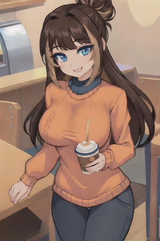 <lora:peanutV1.2:.75>,peanut, 1girl, solo,blue eyes, brown hair,multicolored hair, large breasts, smile, orange sweater, single hair bun, long hair, looking at viewer, breasts, indoors, cafe