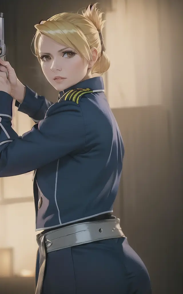 unparalleled masterpiece, 8k uhd, perfect artwork, mature woman, riza, blonde hair, brown eyes, hair up, uniform, photo, anime, dramatic lighting, backlight, leaning against a wall, shooting gun, <lora:Riza-v1:1>