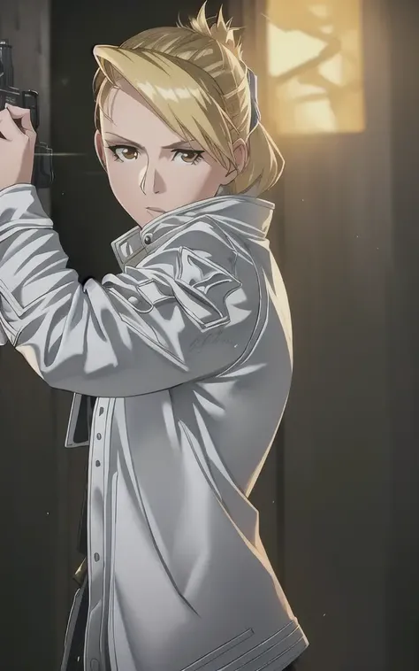 unparalleled masterpiece, 8k uhd, perfect artwork, mature woman, riza, blonde hair, brown eyes, hair up, grey jacket, photo, anime, dramatic lighting, backlight, leaning against a wall, shooting gun, <lora:Riza-v1:1>
