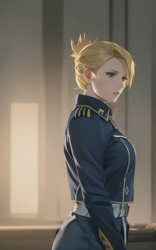 unparalleled masterpiece, 8k uhd, perfect artwork, mature woman, riza, blonde hair, brown eyes, hair up, uniform, photo, anime, dramatic lighting, backlight , <lora:Riza-v1:0.8>