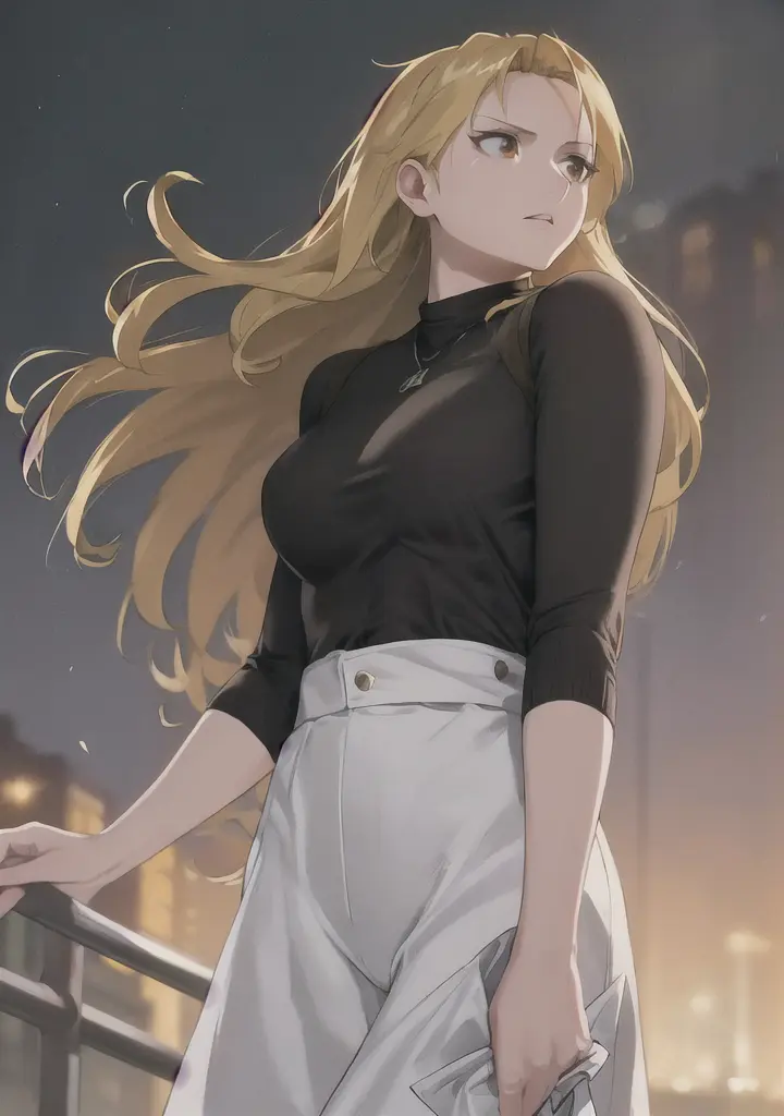 unparalleled masterpiece, 8k uhd, perfect artwork, mature female, intricate detail, cityscape, looking away from viewer, riza, brown eyes, hair down, windy, hair blowing in wind, black shirt, anime, dramatic lighting, <lora:Riza-v1:0.8>