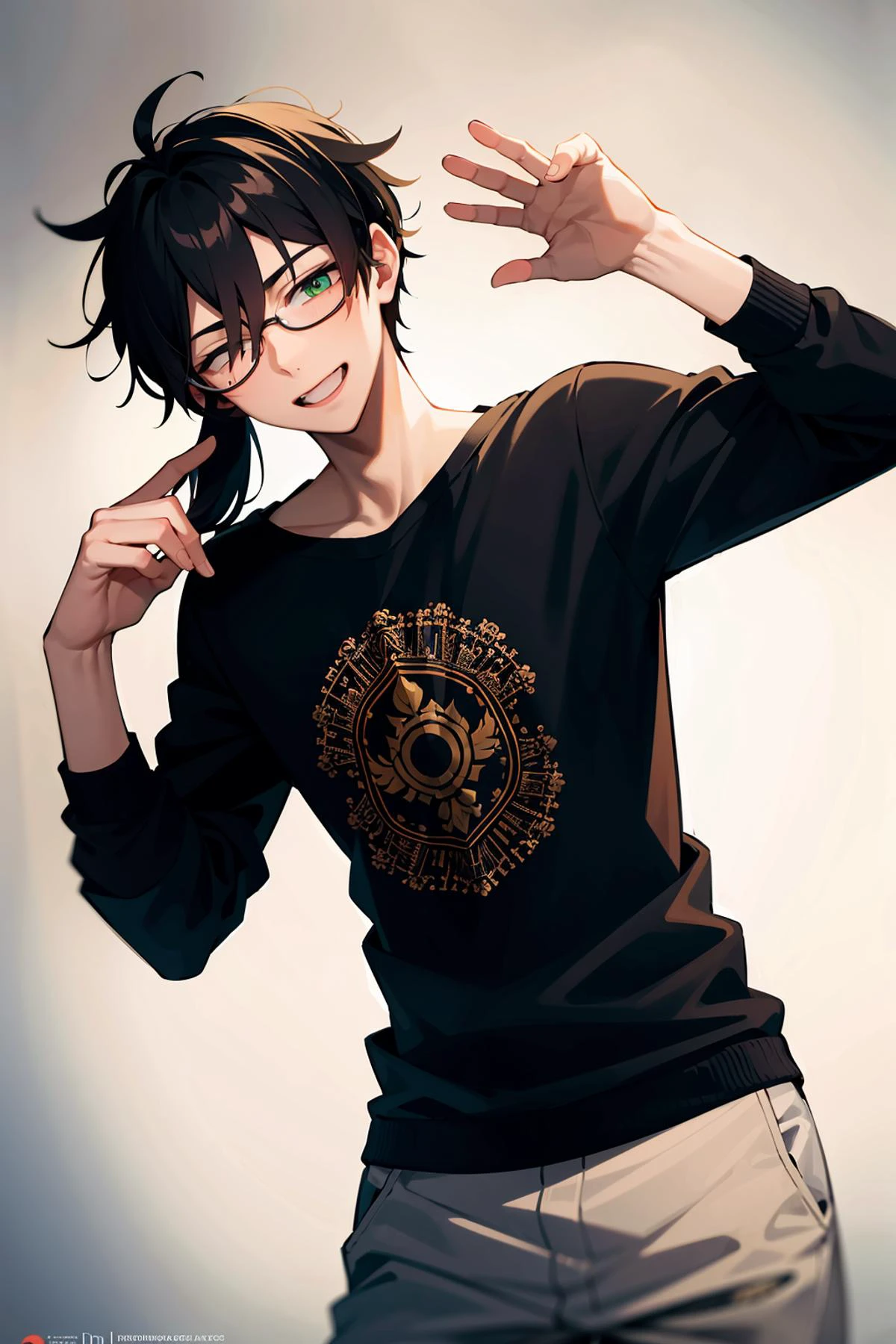 Masterpiece, anime still, intricate details, uhd, 4k, hdr, <BREAK> 2boys, (older and younger brothers, laughing, happy, friendly,) older guy tugging at younger boy's hair, dark hair, <BREAK> (younger (18 years old) tall skinny black eyed boy) with short black hair and glasses, eyes shut, hand over shoulder, <BREAK> (older (27 years old) pale fit taller green eyed guy) without glasses and with sharp chin long black hair and a ponytail in a sleevless black t-shirt, waist up shot, EyeDetail