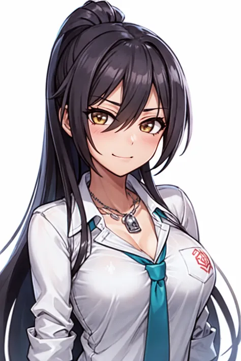 <lora:shirase sakuya:1>shirase sakuya, 1girl, breasts, solo, black hair, necktie, cleavage, ponytail, long hair, looking at viewer, shirt, dog tags, white shirt, school uniform, white background, simple background, large breasts, yellow eyes, collarbone, smile, upper body, blush, bangs, hair between eyes, jewelry, green necktie, sleeves rolled up, closed mouth, loose necktie, collared shirt, high ponytail, necklace