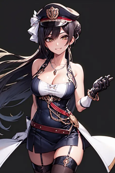 <lora:shirase sakuya:1>shirase sakuya, 1girl, solo, hat, black hair, breasts, gloves, cleavage, long hair, white background, dress, looking at viewer, black gloves, thighhighs, necklace, simple background, smile, yellow eyes, boots, peaked cap, hair bun, jewelry, large breasts