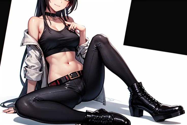 <lora:shirase sakuya:1>shirase sakuya, 1girl, pants, long hair, black shirt, shirt, black hair, navel, white background, crop top, ring, midriff, breasts, jewelry, jacket, looking at viewer, simple background, green eyes, sitting, black footwear, hair between eyes, belt, smile, boots, off shoulder, open jacket, open clothes, closed mouth, bangs, medium breasts, long sleeves, short sleeves, cropped shirt, black belt