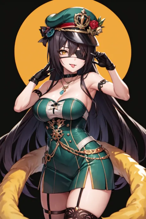 <lora:shirase sakuya:1>shirase sakuya, 1girl, solo, hat, gloves, breasts, thighhighs, long hair, eyepatch, black hair, cleavage, garter straps, yellow eyes, ponytail, looking at viewer, black gloves, black thighhighs, tongue out, peaked cap, black headwear, tongue, jewelry, dress, large breasts, green skirt, necklace, bangs, thighs, white background, skirt, choker, green dress, bare shoulders, collarbone, hair ornament