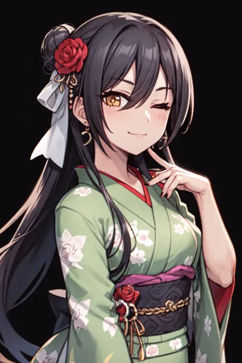 <lora:shirase sakuya:1>shirase sakuya, 1girl, one eye closed, kimono, japanese clothes, hair flower, flower, hair ornament, solo, smile, green kimono, yellow eyes, black hair, hair between eyes, looking at viewer, bangs, earrings, nail polish, red nails, white background, long hair, jewelry, simple background, hair bun, rose, floral print, closed mouth, red flower, upper body, print kimono