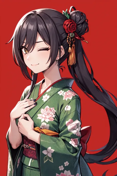 <lora:shirase sakuya:1>shirase sakuya, 1girl, one eye closed, kimono, japanese clothes, hair flower, flower, hair ornament, solo, smile, green kimono, yellow eyes, black hair, hair between eyes, looking at viewer, bangs, earrings, nail polish, red nails, white background, long hair, jewelry, simple background, hair bun, rose, floral print, closed mouth, red flower, upper body, print kimono