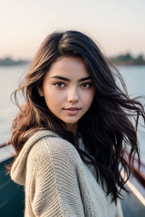 photo of beautiful (jessgou1n:0.99), a woman in a (ship:1.1), perfect hair, hair blowing in the wind, wearing (sweater), modelshoot style, (extremely detailed CG unity 8k wallpaper), professional majestic (photography by martin parr:1.1), (Canon EOS R5 Mirrorless Camera), 24mm, exposure blend, hdr, faded, extremely intricate, High Detail, Sharp focus, dramatic, soft cinematic light, (looking at viewer), (detailed pupils), cute smile, 24mm, 4k textures, soft cinematic light, adobe lightroom, photolab, elegant, ((((cinematic look)))), soothing tones, insane details, hyperdetailed, low contrast