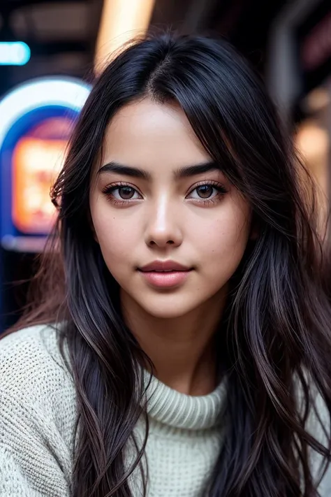 photo of beautiful (jessgou1n:0.99), a woman in a (arcade:1.1), perfect hair, hair blowing in the wind, wearing (sweater), modelshoot style, (extremely detailed CG unity 8k wallpaper), professional majestic (photography by massimo vitali:1.1), (Leica M3 Double Stroke Camera), 24mm, exposure blend, hdr, faded, extremely intricate, High Detail, Sharp focus, dramatic, soft cinematic light, (looking at viewer), (detailed pupils), cute smile, 24mm, 4k textures, soft cinematic light, adobe lightroom, photolab, elegant, ((((cinematic look)))), soothing tones, insane details, hyperdetailed, low contrast