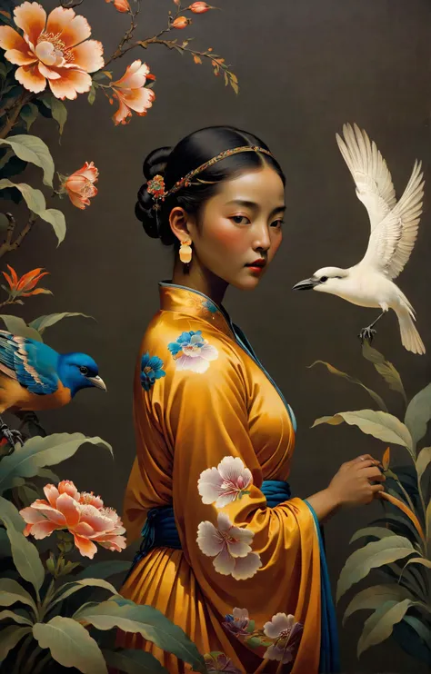 Harlem Renaissance Art Style, (1girl, Song Dynasty flower and bird painting), Darkcore aesthetics, vivid colors, stunning background. dark and moody, a mesmerizing blend of light and shadow. masterpiece, absurdres, intricate details <lora:Song Dynasty Flower-and-Bird Paintings:0.8>, dynamic, dramatic, 1920s African American culture, Harlem Renaissance art style