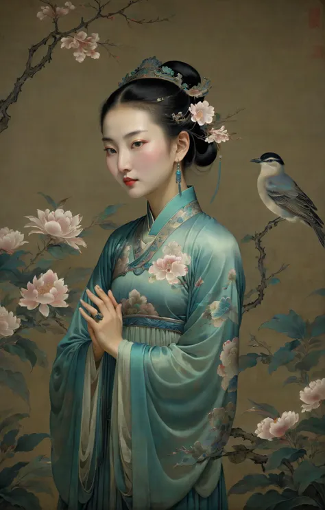 (a beautiful woman, Song Dynasty flower and bird painting), Fantasy aesthetics, holographic colors, stunning background. dark and moody, a mesmerizing blend of light and shadow. masterpiece, absurdres, intricate details <lora:Song Dynasty Flower-and-Bird Paintings:0.8>