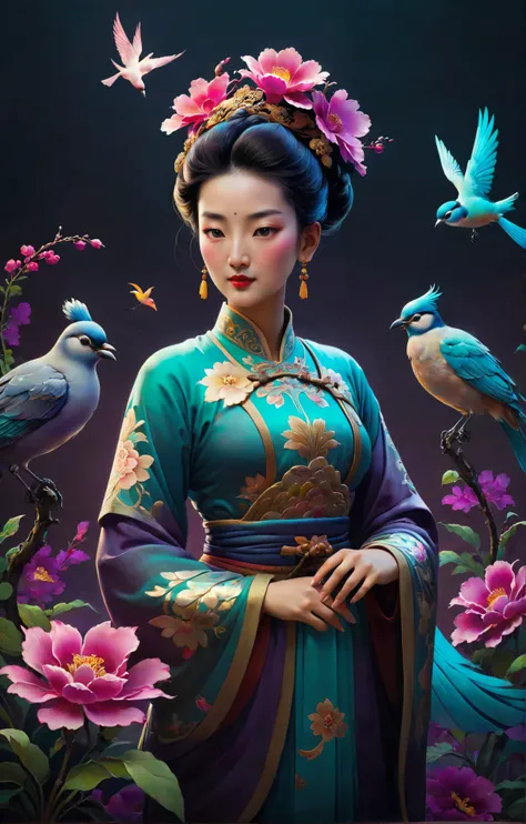 Fortnite Art Style, (a beautiful woman, Song Dynasty flower and bird painting), Bimbocore aesthetics, holographic colors, stunning background. dark and moody, a mesmerizing blend of light and shadow. masterpiece, absurdres, intricate details <lora:Song Dynasty Flower-and-Bird Paintings:0.75>, 3D cartoon, colorful, Fortnite Art Style